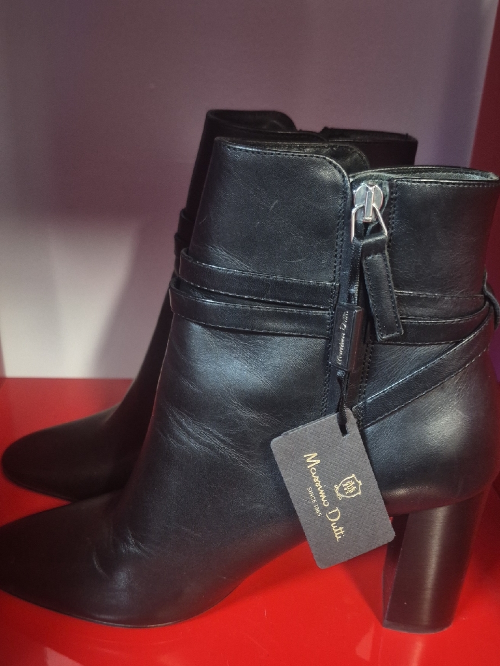 Massimo Dutti Black Leather Block Heel Ankle Boots